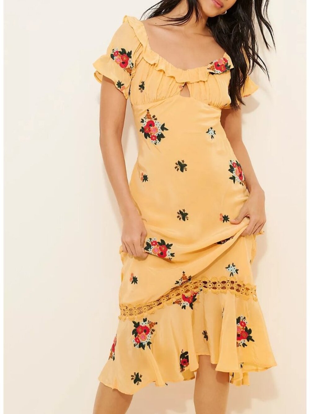 Free People Bali Santa Cruz Midi Embroidered Dress Boho Chic Prairie Womens M